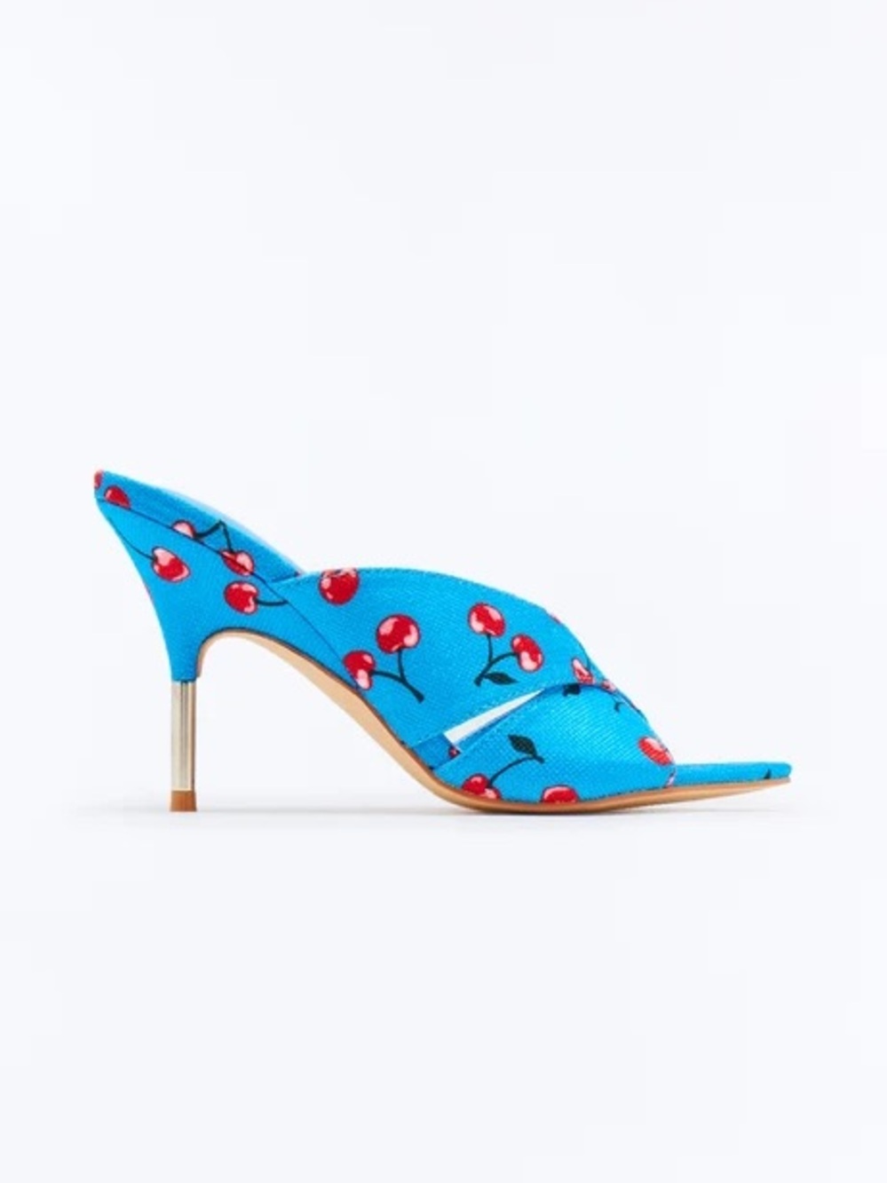Blue Cherry Print Open-Toe Mule Heels